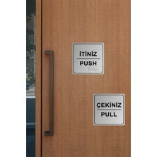 Atölye Çizgi Itiniz / Çekiniz Yönlendirme Levhası 10 cm x 10 cm Gümüş Fırçalı Metal 1 Çift