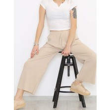 Finetoo Yüksek Bel Yumuşacık Fitilli Beli Lastikli Günlük Rahat Kadın Pijama Krem