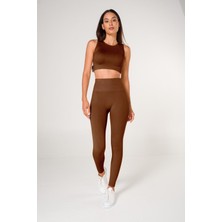 Finetoo Toparlayıcı Dikişsiz Tayt-Crop Top Fitilli Büstiyer Tayt Crop Top Takım Kahverengi