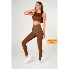 Finetoo Toparlayıcı Dikişsiz Tayt-Crop Top Fitilli Büstiyer Tayt Crop Top Takım Kahverengi