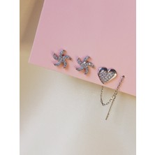 Keskin Gümüş 925 Ayar Gümüş Zirkon Taşlı Kutup Yıldızı Kalp Figürlü Zincir Sallantılı Kıkırdak Küpe