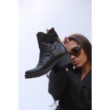 Elit Shoes Luiga Doğal Deri Içi Kürk Detaylı Siyah Simli Kadın Bot