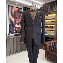 İtalyan stil ceket yelek pileli pantolon takım elbise kahverengi T11287