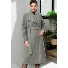 Dewberry Kadın Palto Düz Gri Uzun Kol %69 Polyester %30 Viskon Şık Tasarım