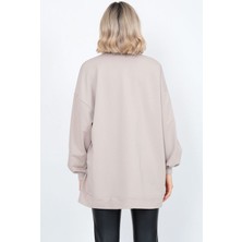 Hebb Club Kadın Uzun Kollu Oversize Sweatshirt Nakişli Bej