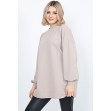 Hebb Club Kadın Uzun Kollu Oversize Sweatshirt Nakişli Bej