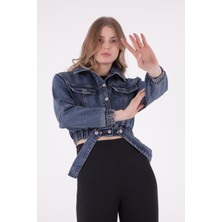 Richmost Önü Dekoratif Cepli ve Kolları Lastikli Uzun Kollu Kısa Boy Kot Kadın Ceket Koyu Mavi Denim