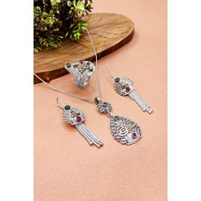 Aykat Tuğralı Oksitli Telkari Gümüş Set 925 Ayar Otantik Kolye Küpe Ayarlanabilir Yüzük AKS-2099