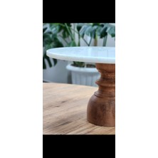 Malas Home Doğal Mermer Sunumluk, Sunum Standı, Mermer Stand, Ahşap Ayaklı Sunumluk, Kek Standı