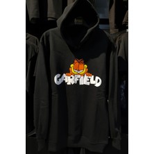 Red Box Butik Siyah Garfield Baskılı Unisex Geniş Kalıp Kapüşonlu Içi Polar Sweatshirt