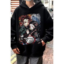 Red Box Butik Siyah Demon Slayer Baskılı Unisex Geniş Kalıp Kapüşonlu Içi Polar Sweatshirt