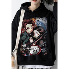 Red Box Butik Siyah Demon Slayer Baskılı Unisex Geniş Kalıp Kapüşonlu Içi Polar Sweatshirt