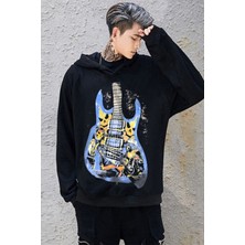 Red Box Butik Siyah Skull Gitar Baskılı Unisex Geniş Kalıp Kapüşonlu Içi Polar Sweatshirt