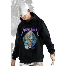 Red Box Butik Siyah Metallica Damaged Justice Içi Polar Kapüşonlu Geniş Kesim Unisex Sweatshirt