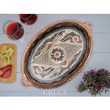 Eva Copper 23X34 cm Oval, Işlemeli, Pirinç Saplı Kalın Bakır Çay ve Kahve Sunum, Servis Tepsisi