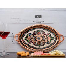 Eva Copper 23X34 cm Oval, Işlemeli, Pirinç Saplı Kalın Bakır Çay ve Kahve Sunum, Servis Tepsisi