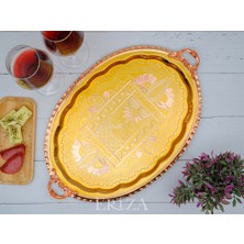 Eva Copper 23X34 cm Oval, Işlemeli, Pirinç Saplı Kalın Bakır Çay ve Kahve Sunum, Servis Tepsisi