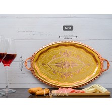 Eva Copper 23X34 cm Oval, Işlemeli, Pirinç Saplı Kalın Bakır Çay ve Kahve Sunum, Servis Tepsisi