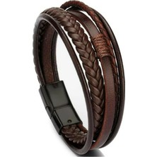 Shopiolog Unisex Çift Sıra Kahverengi Beyaz Deri Bileklik