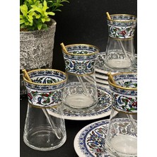 Altın heybeli Çini bitkisel motifli 6 kişilik çay seti tea set for 6 persons