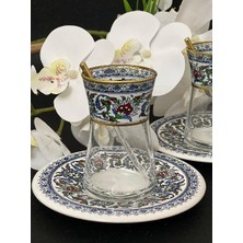 Altın heybeli Çini bitkisel motifli 6 kişilik çay seti tea set for 6 persons