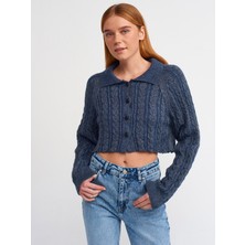 Dilvin 60203 Polo Yaka Düğmeli Simli Crop Triko Hırka-Indigo-S.
