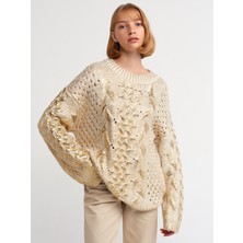 Dilvin 10465 Varak Baskı Saç Örgü Kazak Ekru Gold