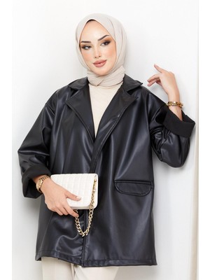 Hafsa Mina Oversize Deri Ceket Siyah HM2338