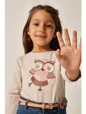 Mayoral Kız Çocuk Baykuş Pul İşlemeli Uzun Kollu T-shirt 4008 Taş Rengi