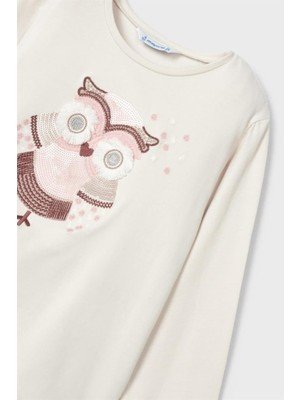 Mayoral Kız Çocuk Baykuş Pul İşlemeli Uzun Kollu T-shirt 4008 Taş Rengi