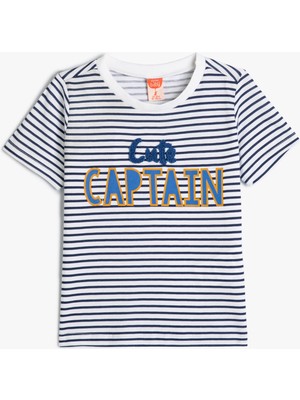 Koton Çizgili Tişört Kısa Kollu Bisiklet Yaka Aplikeli Pamuklu