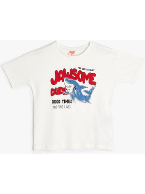 Koton Tişört Kısa Kollu Bisiklet Yaka Köpek Balığı Baskılı Pamuklu