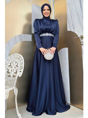 Bym Fashion Taşlı Kemer Akseuarlı Saten Abiye Elbise 3863 Lacivert