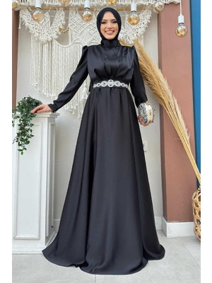 Bym Fashion Taşlı Kemer Akseuarlı Saten Abiye Elbise 3863 Siyah