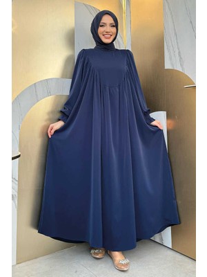 Bym Fashion Kol Manşetleri Büzgülü Elbise 6004 Lacivert