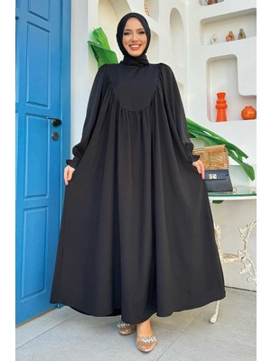 Bym Fashion Kol Manşetleri Büzgülü Elbise 6004 Siyah