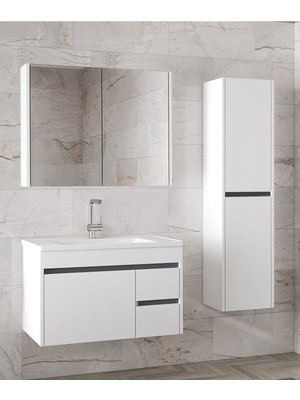 Alfa Banyo Viosen-Ea Beyaz 80+35 cm Mdf-Aynalı Boy Dolaplı-Seramik Lavabolu Banyo Dolabı Takımı-(Demonte Değil)