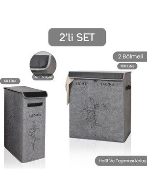 Meleni Home Keçe 2 Boy Çamaşır Kirli Sepeti Çok Amaçlı Oyuncak Organizer Kapaklı Sepet Gri 25X40X60CM-53X33X60CM