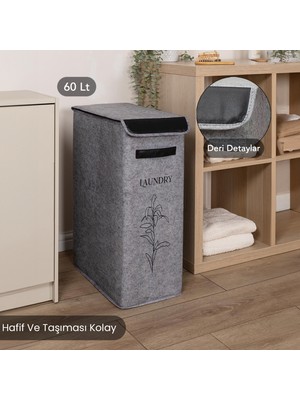 Meleni Home Keçe Kapaklı Kirli Çamaşır Sepeti Çok Amaçlı Organizer Katlanır Saklama Kutusu Gri 25X40X60CM