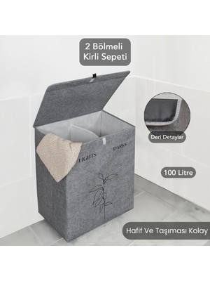 Meleni Home Keçe Deri 2 Bölmeli Çamaşır Kirli Sepeti Çok Amaçlı Katlanır Oyuncak Saklama Hurcu Gri 53X33X60 cm