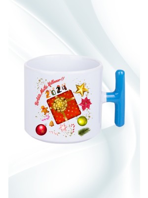 Caisya Yılbaşı 2024 Baskılı T Saplı Kupa Bardak Porselen Çay Kahve Fincanı