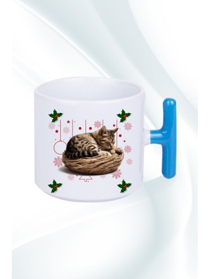 Caisya Yeni Yıl Uykucu Kedi Baskılı T Saplı Kupa Bardak Porselen Çay Kahve Fincanı