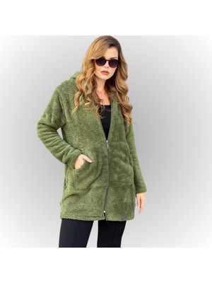 Etkimod Kadın Kapşonlu Uzun Peluş Tunik Ceket