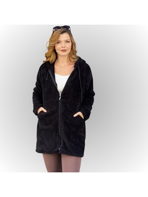 Etkimod Kadın Kapşonlu Uzun Peluş Ceket