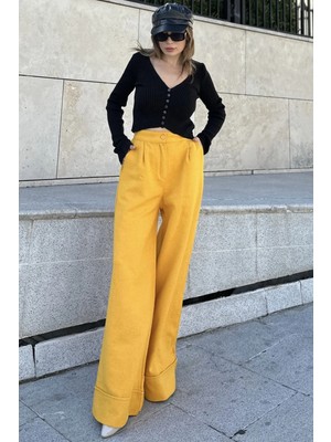 New Laviva Kadın Hardal Duble Paça, Beli Pliseli, Fitilli Kaşe Kumaş, Ispanyol Pantolon