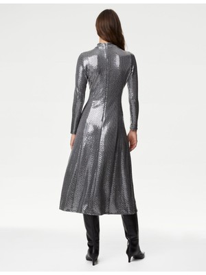 Marks & Spencer Uzun Kollu Payetli Midi Elbise