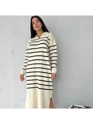 Crep Tekstil Oversize Çizgili Yırtmaç Detaylı Triko Elbise