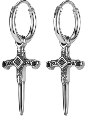 NorthShore Gotik Sword Cross Zirkon Haç Kılıç Aksesuarlı Sallantılı Geçirmeli Erkek 316L Çelik Erkek Küpe(Çift)