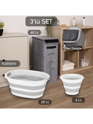 Meleni Home Kapaklı Keçe Çamaşır Sepeti Katlanır Saklama Selesi 3'lü Set Gri 25X40X60CM-25LT Çamaşır Selesi-Kova