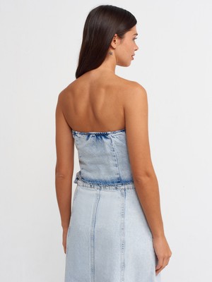 Dilvin 50703 Önü Flatolu Kısa Denim Yelek-Mavi